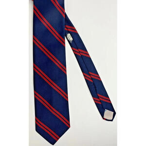 Vintage Hansom Repp Neck Tie Navy Blue Red Military Stripe Pattern Polyester